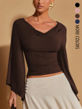 Solid Color Long Sleeve V Neck Top GSRX-983