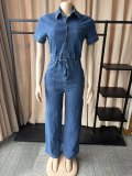 Single Breasted Short Sleeve Denim Jumpsuit OSM-4503