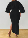 Plus Size Solid Color Knits Lace Up Maxi Dress HNIF-DGY229