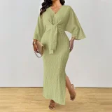 Plus Size Solid Color Knits Lace Up Maxi Dress HNIF-DGY229