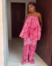 Halterneck Print Off Shoulder Two Piece Pants Set GQLK-6686