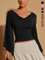 Solid Color Long Sleeve V Neck Top GSRX-983