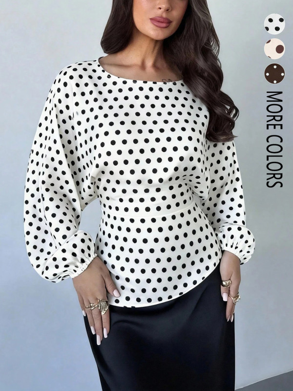 Polka Dot Print Long Sleeve Bat Sleeve Top GSRX-982
