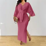 Plus Size Solid Color Knits Lace Up Maxi Dress HNIF-DGY229