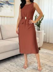 Sleeveless Belt Solid Color Midi Dress GYLY-11071