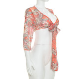 Mesh Print 3/4 Sleeve Tie Up Top GSZM-Y26TP268