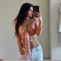 Mesh Print 3/4 Sleeve Tie Up Top GSZM-Y26TP268