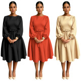 Solid Color Long Sleeve Midi Dress GQLK-6682