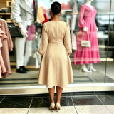 Solid Color Long Sleeve Midi Dress GQLK-6682