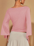Solid Color Long Sleeve V Neck Top GSRX-983