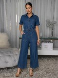 Single Breasted Short Sleeve Denim Jumpsuit OSM-4503