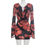 Mesh Print Flare Long Sleeve Mini Dress GSZM-J26DS329