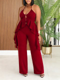 Solid Color Halterneck Irregular Top Pants Suit HNIF-GY322