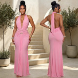 Deep V Neck Solid Color Ruched Maxi Dress BY-7789