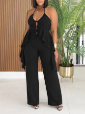 Solid Color Halterneck Irregular Top Pants Suit HNIF-GY322
