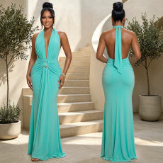 Deep V Neck Solid Color Ruched Maxi Dress BY-7789