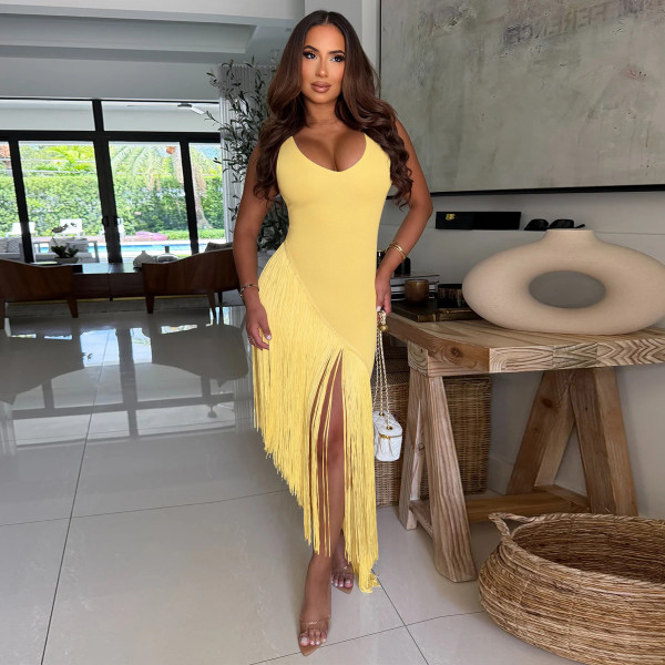 Sleeveless Solid Color Tassel Maxi Dress YF-11095