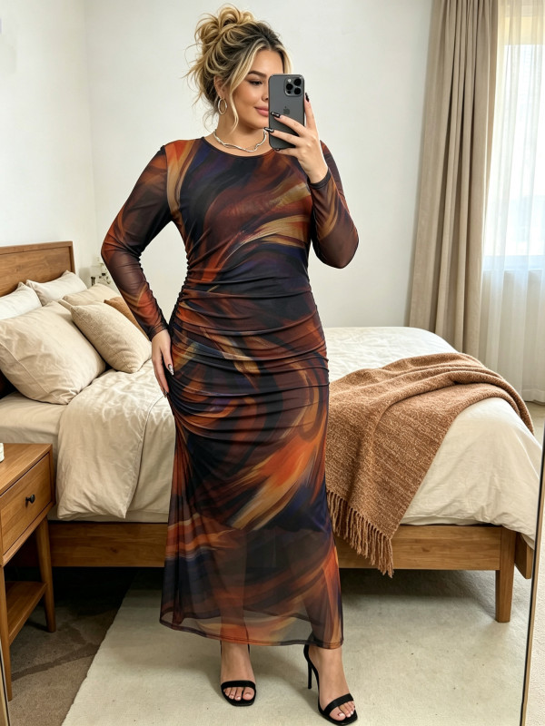 Plus Size Print Long Sleeve Maxi Dress GAWE-6779