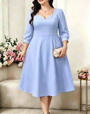 Plus Size Solid Color 3/4 Sleeve Midi Dress GAWE-6775