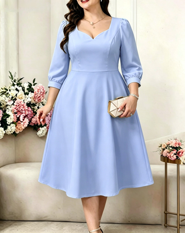 Plus Size Solid Color 3/4 Sleeve Midi Dress GAWE-6775