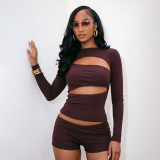 Hollow Out Long Sleeve Two Piece Shorts Set MXBF-J26ST338