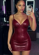 Solid Color Leather Bodycon Mini Dress GPKJ-MR50457