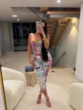 Graffiti Print Lace Sling Tops Two Piece Pants Set GNJF-8609
