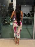 Graffiti Print Lace Sling Tops Two Piece Pants Set GNJF-8609