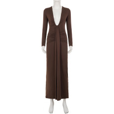Sexy Deep V-Neck Bodycon Long Sleeve Maxi Dress GPKJ-MR50982