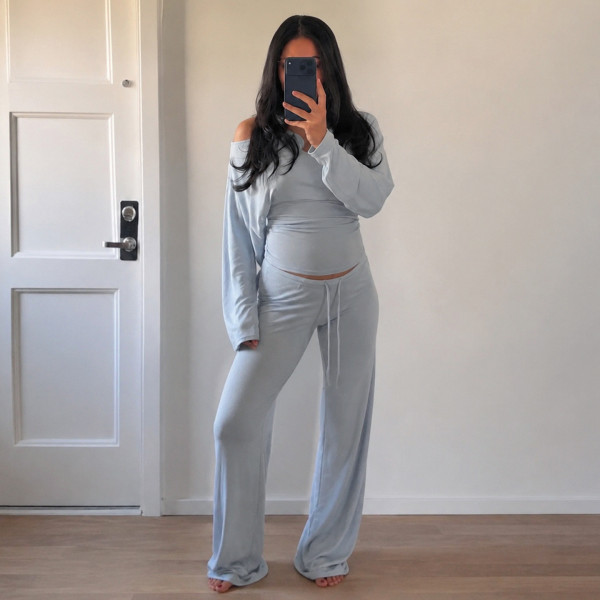Solid Color Casual Long Sleeve Pants Two Piece Set GPKJ-MR50738