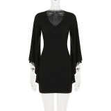 V Neck Lace Flare Sleeve Mini Dress GPKJ-MR50915