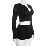 Long Sleeve Zipper Top Two Piece Short Set GDSF-D26ST292