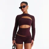 Hollow Out Long Sleeve Two Piece Shorts Set MXBF-J26ST338