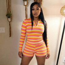 Stripe Print Long Sleeve Two Piece Shorts Set GDSF-D26ST283