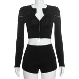 Long Sleeve Zipper Top Two Piece Short Set GDSF-D26ST292