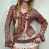 Print Mesh Long Sleeve Tie Up Top GPKJ-MR22860