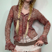 Print Mesh Long Sleeve Tie Up Top GPKJ-MR22860
