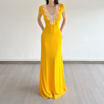 Lace Patchwork V Neck Maxi Dress GPKJ-MR50156