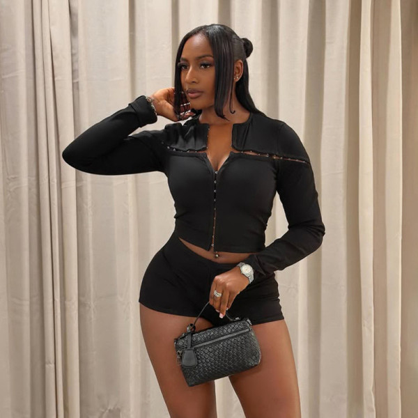Long Sleeve Zipper Top Two Piece Short Set GDSF-D26ST292