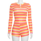 Stripe Print Long Sleeve Two Piece Shorts Set GDSF-D26ST283