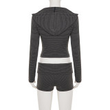 Stripe Knits Sport Coat+Tube Top+Short 3 Piece Set GPKJ-MR50801