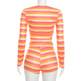 Stripe Print Long Sleeve Two Piece Shorts Set GDSF-D26ST283