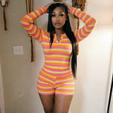 Stripe Print Long Sleeve Two Piece Shorts Set GDSF-D26ST283