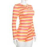 Stripe Print Long Sleeve Two Piece Shorts Set GDSF-D26ST283