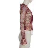 Print Mesh Long Sleeve Tie Up Top GPKJ-MR22860