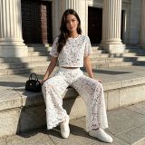 Lace Hollow Out Short Sleeve Top Pants Suit SHD-8121