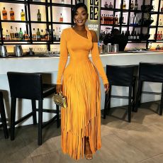 Solid Color Long Sleeve Tassel Maxi Dress YF-11109