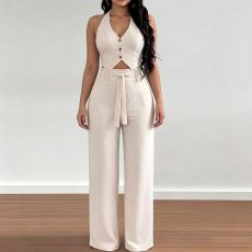 Solid Color Sleeveless Vest Two Piece Pants Set SHD-8119