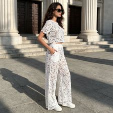 Lace Hollow Out Short Sleeve Top Pants Suit SHD-8121