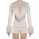 V Neck Bodysuit Two Piece Shorts Set DLSF-K6S14436A
